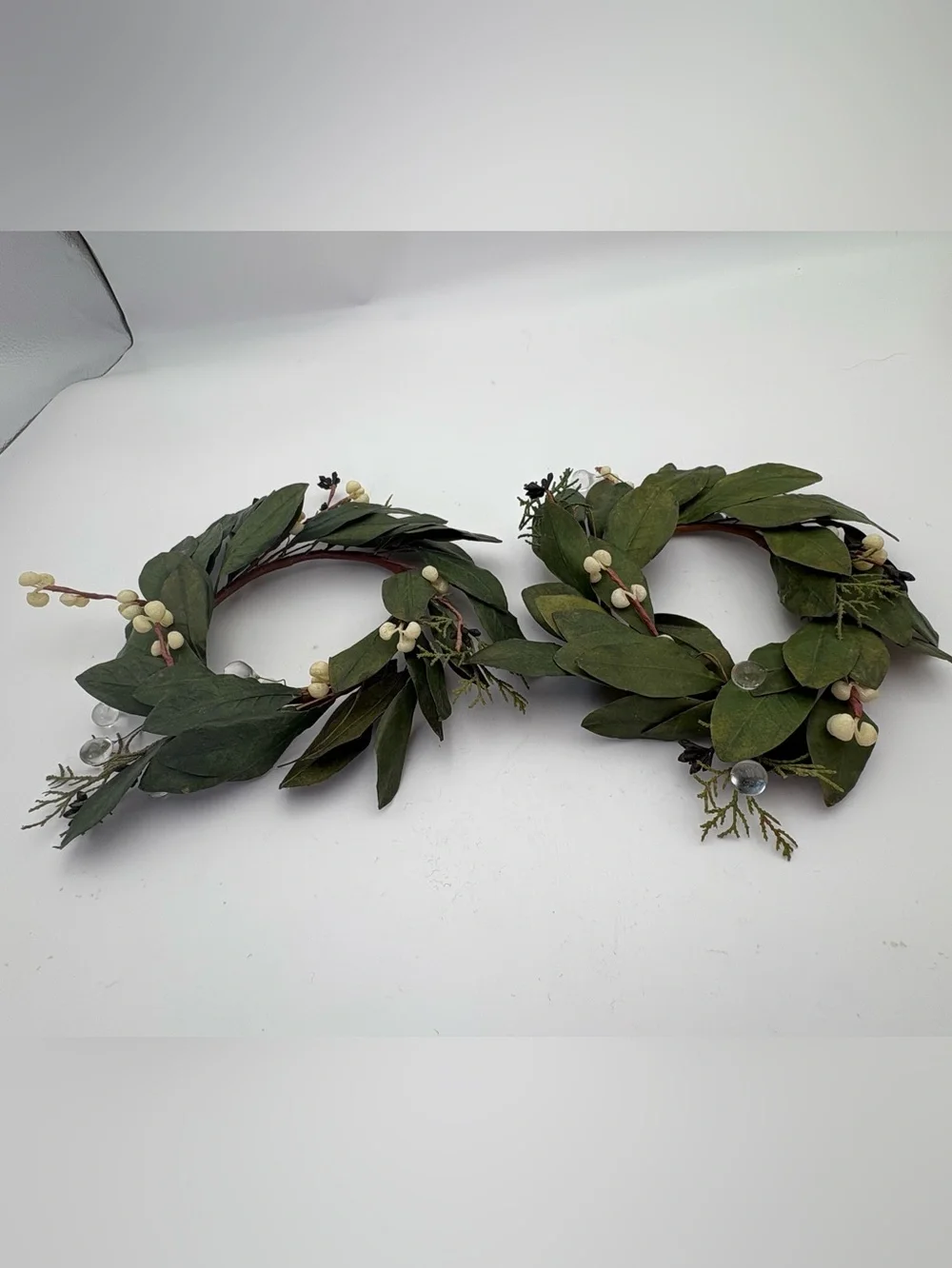 Green Leaf and White Berry Decorative Candle Wreath Duo